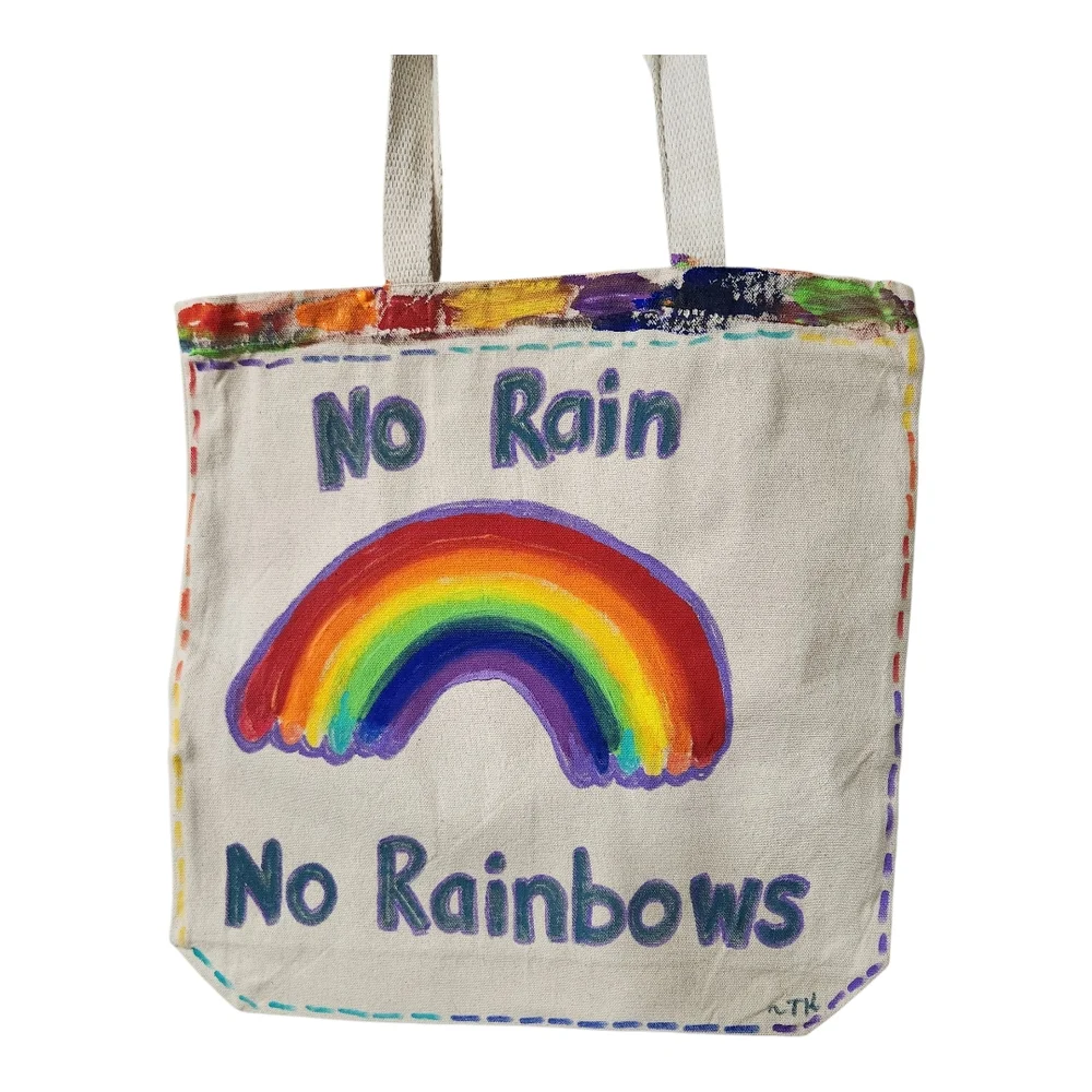 Hand Painted Rainbow Tote Bag Sturdy Canvas 16 X 15 - Picture 1 of 8